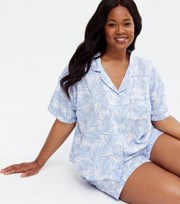 New Look Curves Blue Palm Print Revere Collar Short Pyjama Set